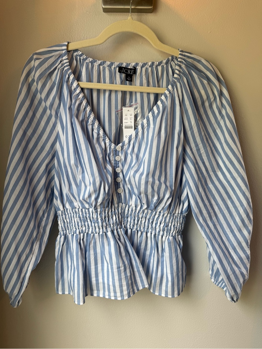 J. Crew Blue and White Striped Smocked Waist Blouse - Picture 2 of 5